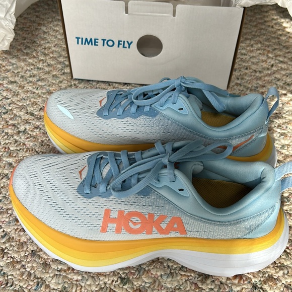 Hoka Bondi 8 Sky Blue and Sunburst Yellow Sneakers - Picture 2 of 5